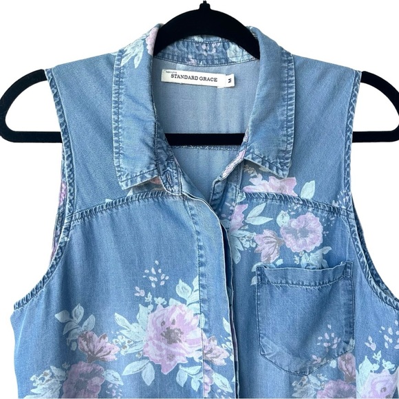 STANDARD GRACE Denim Look Western Floral Sleeveless Button Down Blouse Size M - Picture 3 of 6